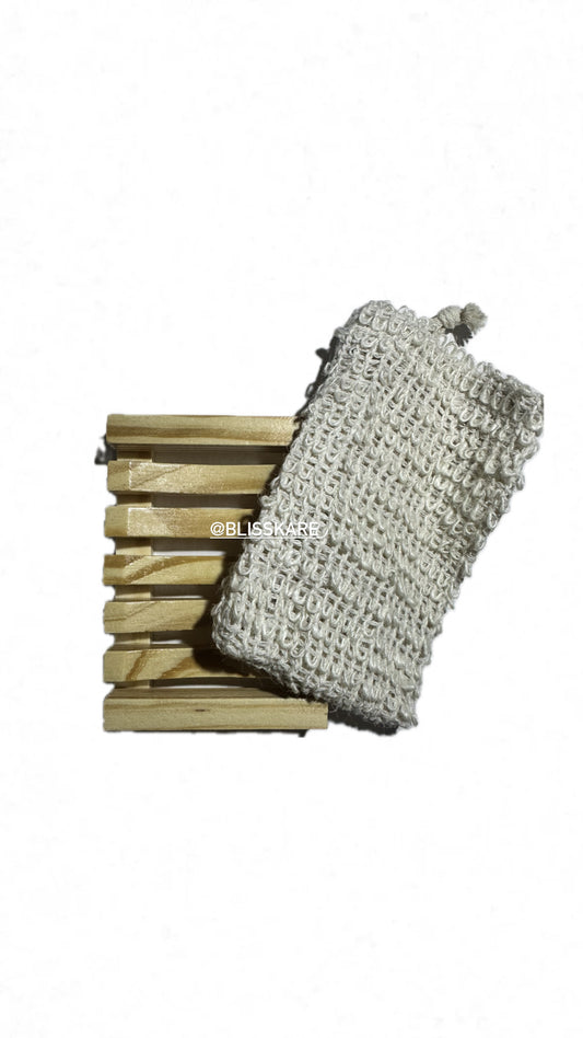 Bamboo Soap Holder + Exfoliating Pouch